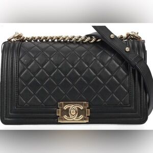 CHANEL Black Quilted Lambskin Leather Boy Bag with Aged Gold Hardware